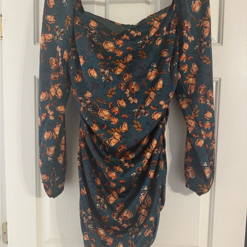 Pink Lily Teal Floral Long Sleeve Ruched Dress